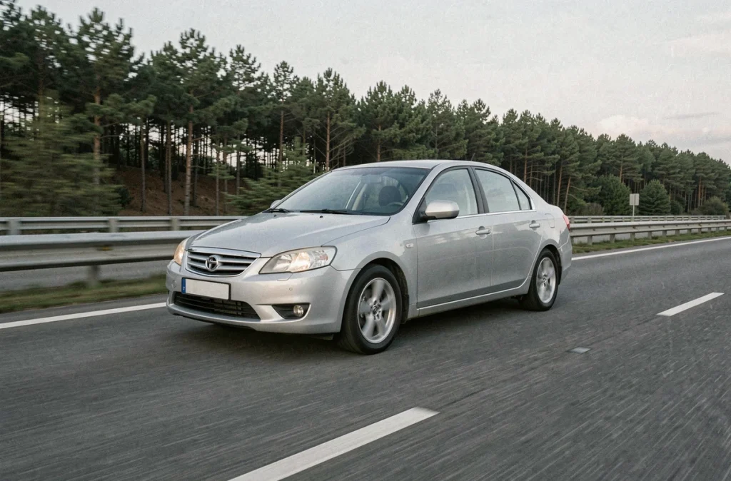 Berline essence roulant sur une autoroute française à vitesse modérée pour économiser du carburant