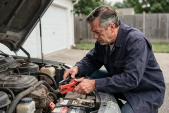 Homme attachant des pinces de démarrage rouge et noir sur la batterie d'une voiture dans une allée résidentielle