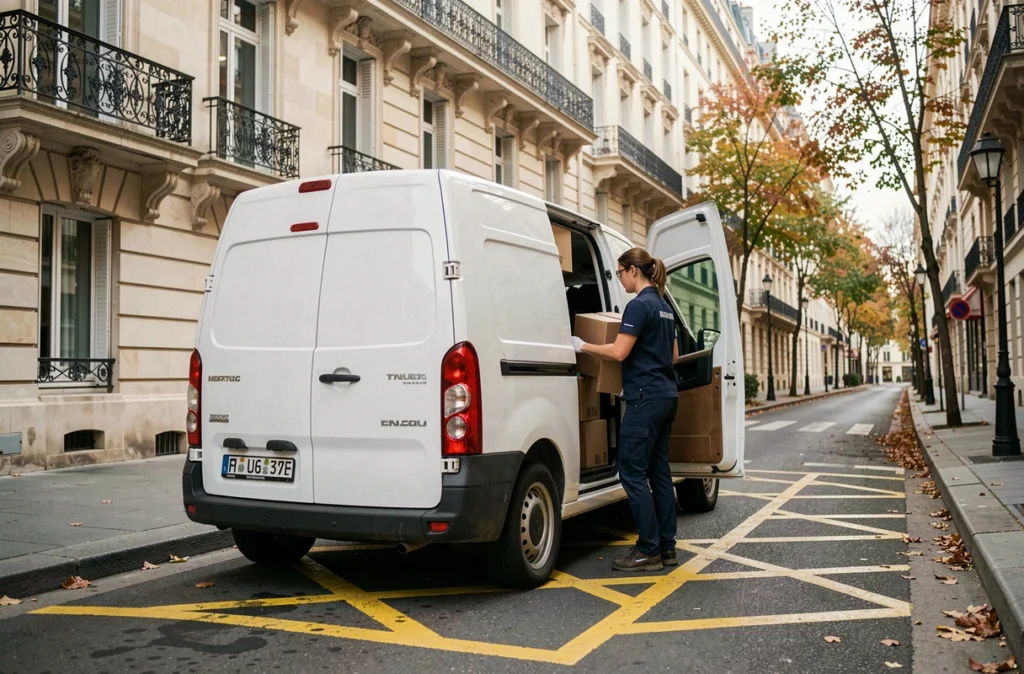 Camionnette de livraison garée dans une zone de livraison autorisée à Paris un dimanche matin avec coursière déchargeant des colis