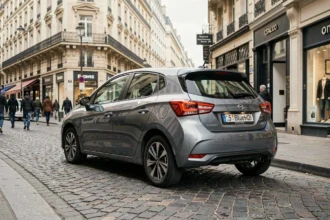 Citadine diesel 1.5 BlueHDi 130 garée en milieu urbain français, vue trois quarts arrière bas angle