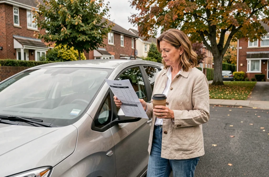 Femme consultant un comparatif de coût carburant E85 essence près de sa voiture dans un quartier résidentiel