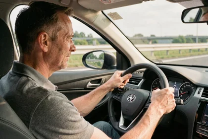 Conducteur masculin vérifiant le compteur de vitesse sur l'autoroute pour optimiser la consommation d'essence de sa voiture