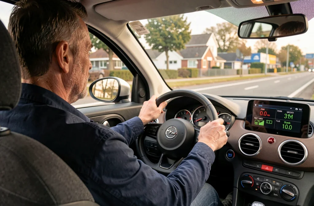 Conducteur au volant d'une compacte diesel BlueHDi sur route périurbaine, affichage de la consommation au tableau de bord