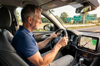 Conducteur consultant son GPS pour trouver une autoroute gratuite en France lors d'un trajet en voiture