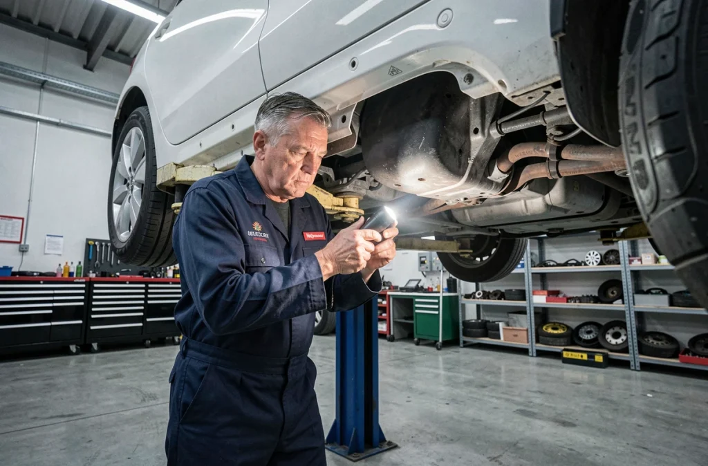 Technicien certifié inspectant le dessous de caisse d'une voiture d'occasion sur un pont élévateur dans un garage professionnel