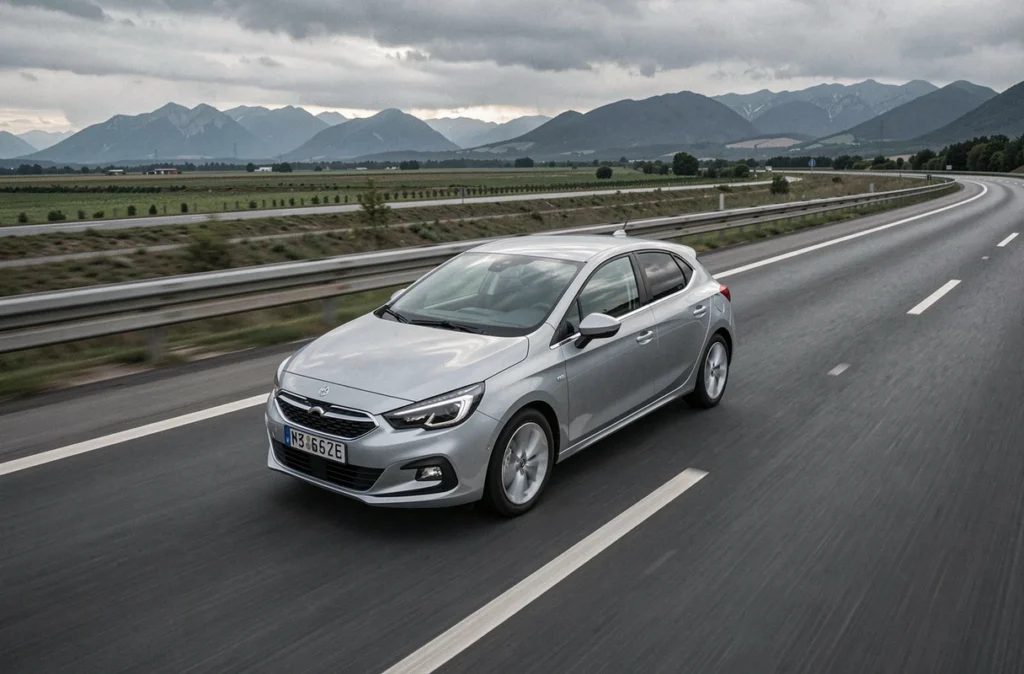 Compacte diesel 1.5 BlueHDi 130 sur autoroute française lors d'un long trajet, vue extérieure surélevée