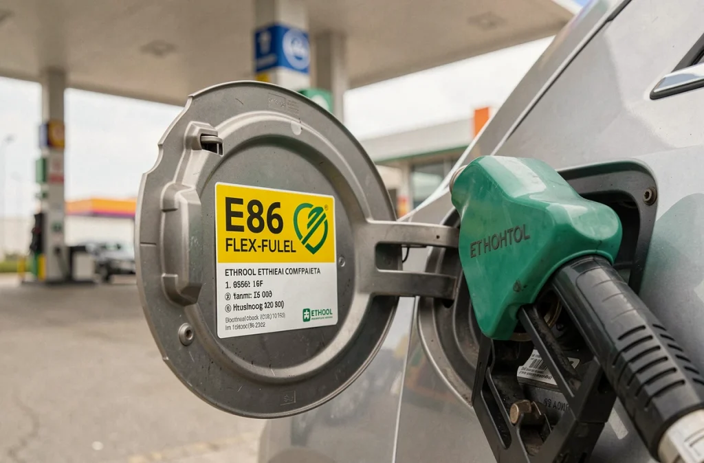 Étiquette E85 bioéthanol visible sur la trappe à carburant d'une voiture lors d'un plein à la pompe