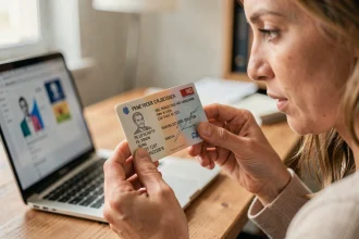 Femme tenant un permis de conduire français et repérant le numéro de permis sur la carte