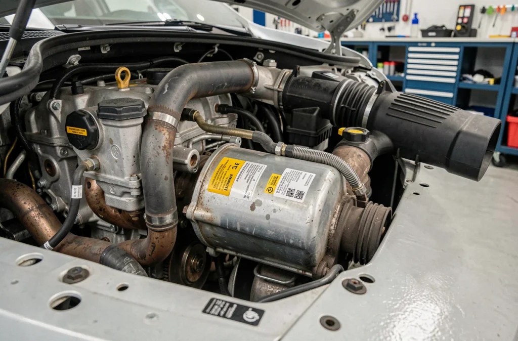 Gros plan sur le filtre à particules et la vanne EGR d'un moteur diesel BlueHDi 120 dans un centre de service automobile