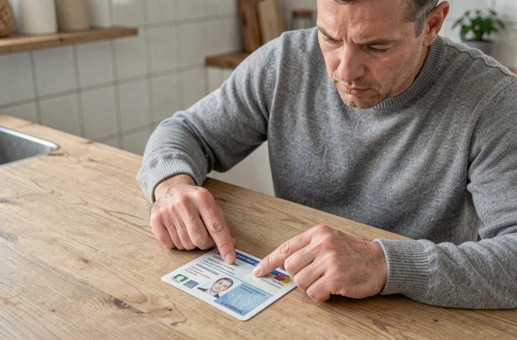 Homme indiquant du doigt le numéro de permis de conduire sur sa carte posée sur une table