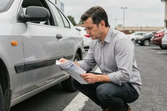 Acheteur inspectant la carrosserie d'une voiture d'occasion avec un rapport d'historique en main dans un parking urbain