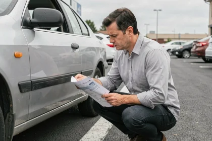 Acheteur inspectant la carrosserie d'une voiture d'occasion avec un rapport d'historique en main dans un parking urbain