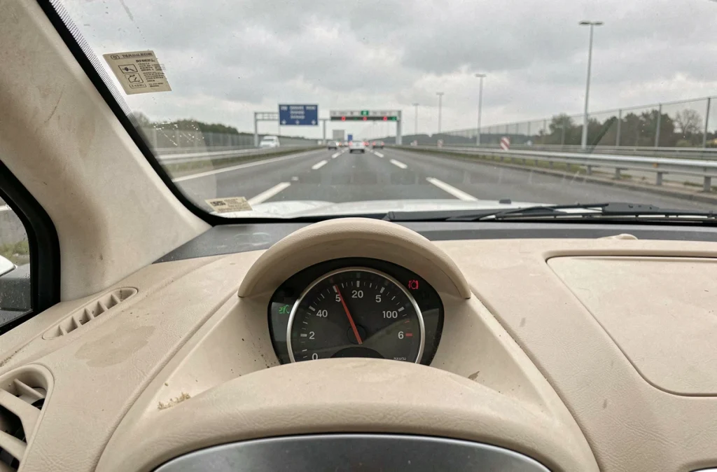 Jauge de carburant d'une voiture essence indiquant un niveau bas sur l'autoroute française