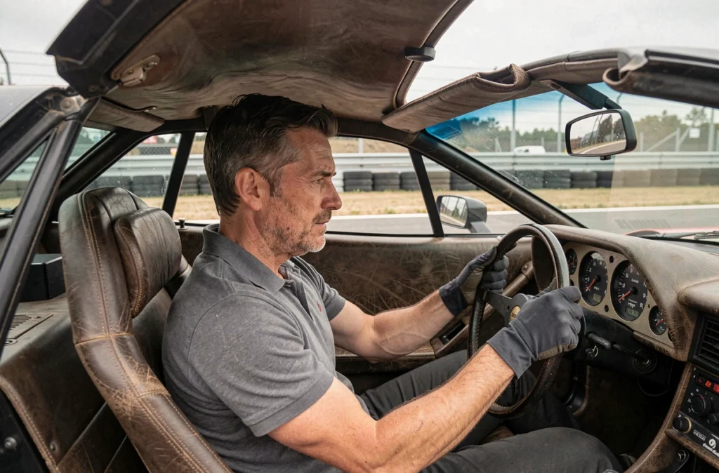 Journaliste automobile assis dans le cockpit d'une Lamborghini Countach tenant le volant avec la portière en ciseaux levée