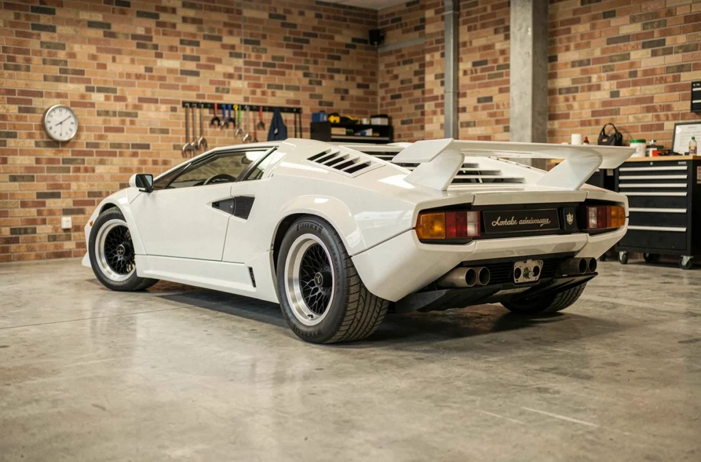 Lamborghini Countach blanche vue de trois quarts arrière dans un garage moderne avec sol en béton poli