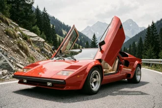 Lamborghini Countach LP500S rouge garée sur une route de montagne alpine avec portière en ciseaux ouverte