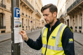 Livreur lisant un panneau de stationnement réglementé à Paris le dimanche pour éviter la fourrière lors d'une livraison