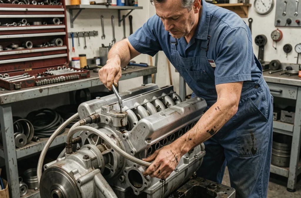 Mécanicien réparant le moteur à plat 12 cylindres d'une Porsche 917 dans un atelier de course d'époque