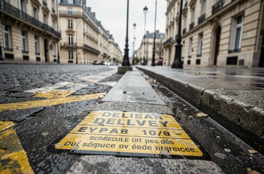 Panneau et marquage au sol d'une zone de livraison réglementée à Paris avec horaires autorisés le dimanche pour éviter la mise en fourrière