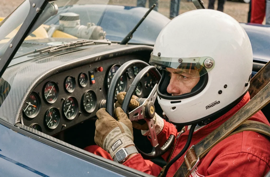 Pilote en combinaison ignifuge au volant d'une Porsche 917, vue intérieure du cockpit avec tableau de bord analogique