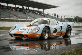 Porsche 917 en livrée Gulf Oil sur le circuit de Le Mans, vue trois quarts avant avec reflets sur piste mouillée