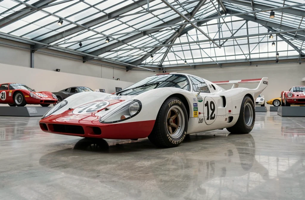 Porsche 917 Kurzheck exposée dans un musée automobile, vue grand angle sur la carrosserie blanche et rouge avec reflet sur sol en béton poli
