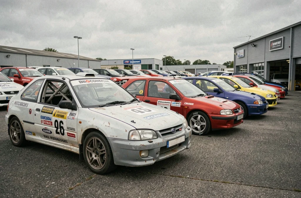 Rangée de voitures de rallye d'occasion exposées chez un concessionnaire spécialisé en compétition automobile