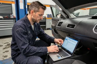 Technicien automobile connectant un outil de diagnostic OBD pour reprogrammation moteur E85 dans un garage professionnel