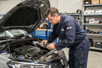 Technicien automobile inspectant le moteur BlueHDi 120 d'une Peugeot ou Citroën lors d'une révision en atelier professionnel