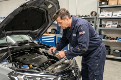 Technicien automobile inspectant le moteur BlueHDi 120 d'une Peugeot ou Citroën lors d'une révision en atelier professionnel