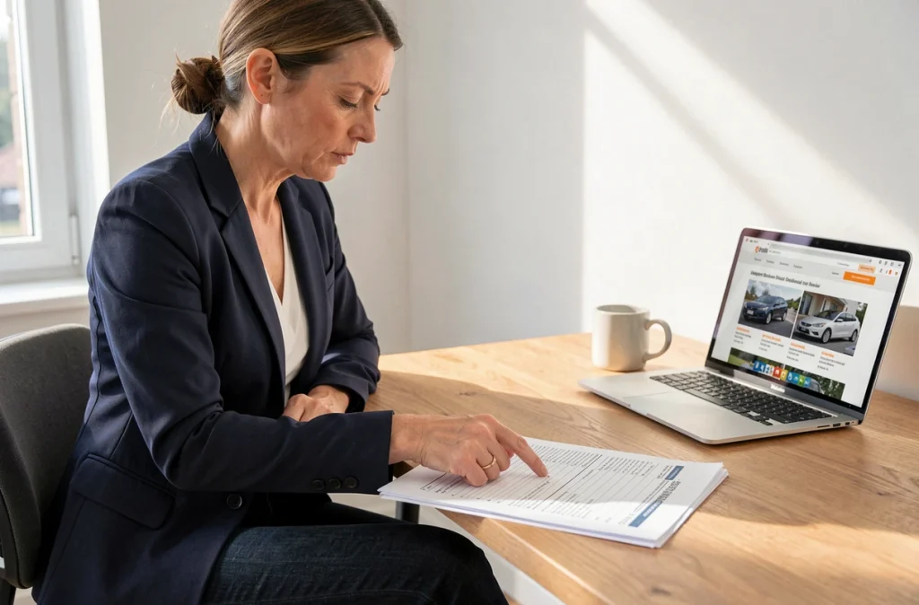 Femme consultant un historique de véhicule détaillé à son bureau avant un achat de voiture d'occasion