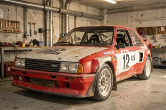Voiture de rallye occasion des années 80 avec livrée sponsor dans un garage atelier mécanique