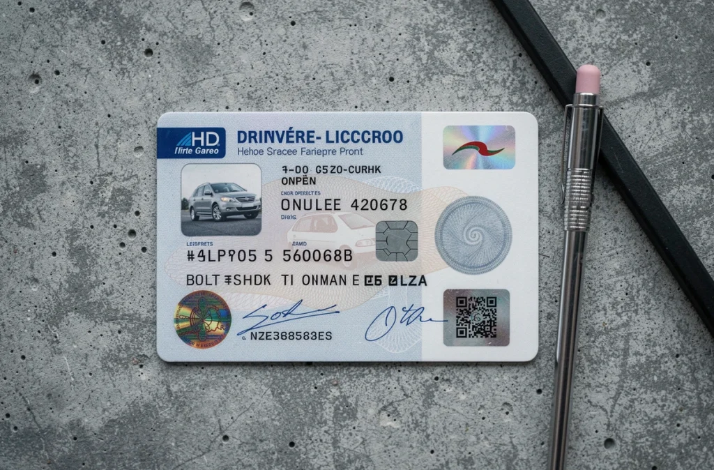 Vue de dessus d'un permis de conduire français posé à plat montrant les différents champs dont le numéro de permis