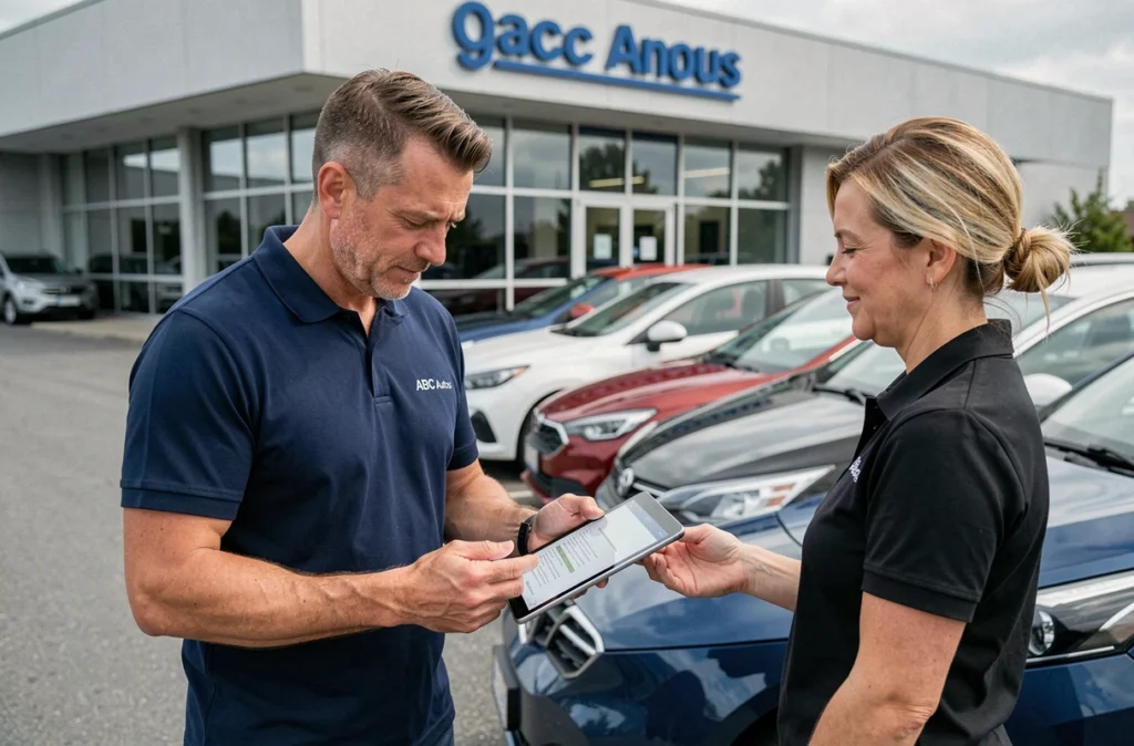 Conseiller présentant un rapport de contrôle à un client dans un garage