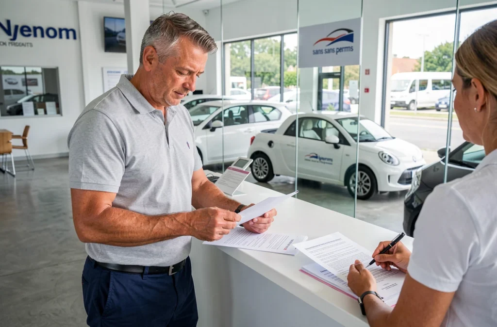 Client en concession examinant un contrat pour une voiture sans permis