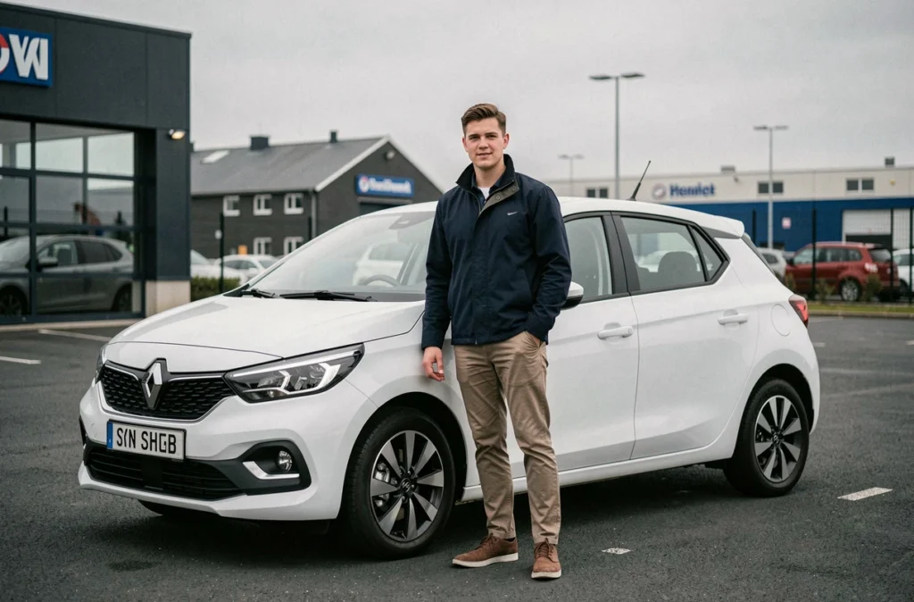 Jeune homme debout près d'une voiture sans permis blanche dans un concessionnaire de la région de Valenciennes