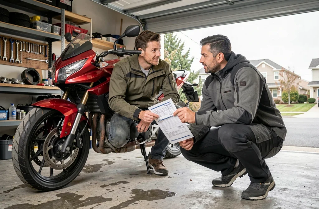 Deux amis motards discutant d'un devis d'assurance moto dans un garage