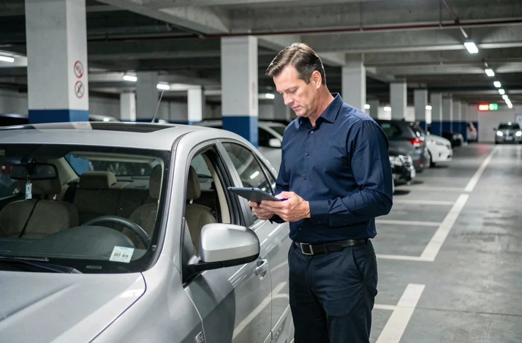 Homme souscrivant une assurance auto immédiate sur tablette dans un parking