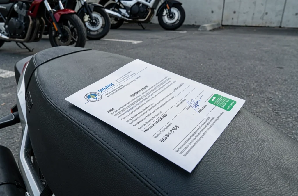 Attestation d'assurance moto posée sur la selle d'une moto avec vignette verte visible