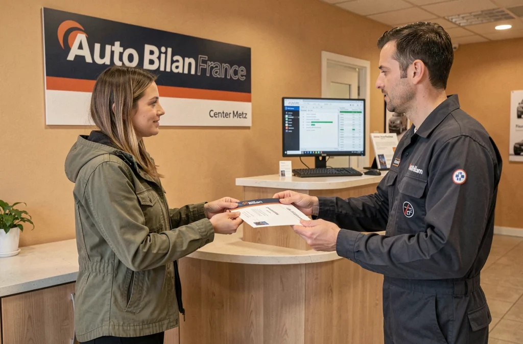 Cliente recevant son vignette et certificat de contrôle technique auprès d'un technicien d'Auto Bilan France Metz