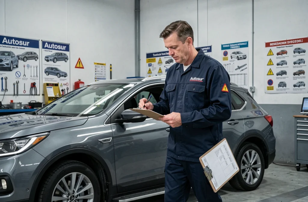Technicien Autosur Thionville effectuant une inspection visuelle extérieure d'un SUV gris avec un presse-papiers