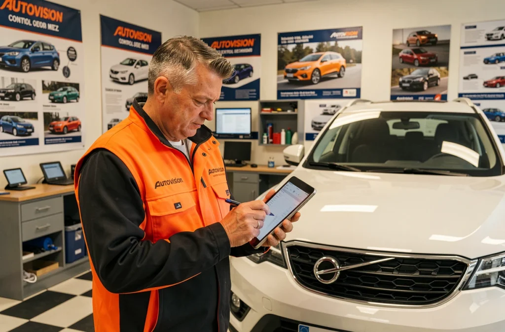 Technicien Autovision Metz complétant un rapport d'inspection numérique sur tablette à côté d'un SUV