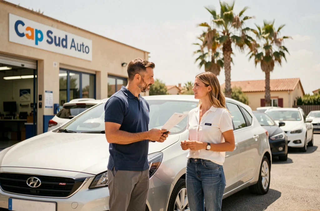 Conseiller de Cap Sud Auto présentant un devis de carrosserie à une cliente dans le Var