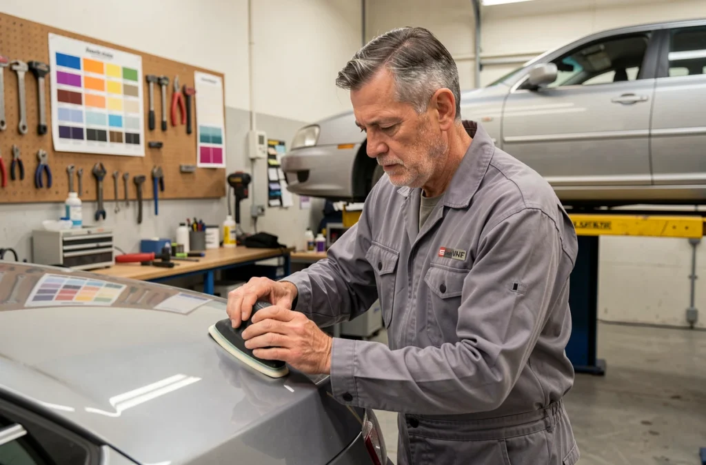 Technicien de la Carrosserie Hébrart dans le Var effectuant un travail de ponçage sur une carrosserie automobile