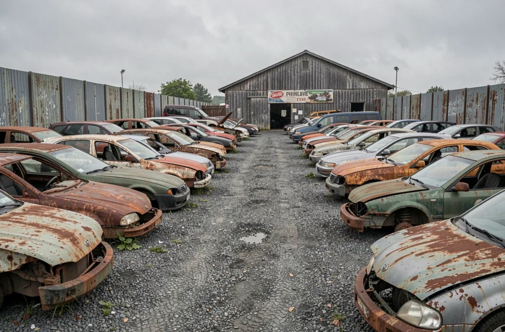 Vue large d'une casse automobile traditionnelle avec des rangées de véhicules épaves rouillés sur terrain gravier