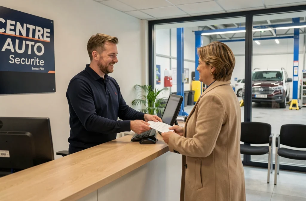 Agent d'accueil du Centre Auto Securite Metz remettant des documents à une cliente au comptoir de réception