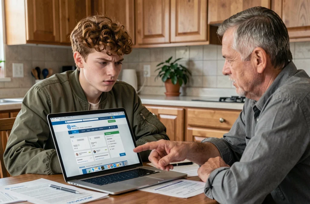 Jeune conducteur et son parent comparant les offres d'assurance auto en ligne à la maison