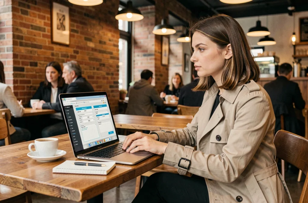 Femme comparant des offres d'assurance scooter temporaire sur un ordinateur portable dans un café