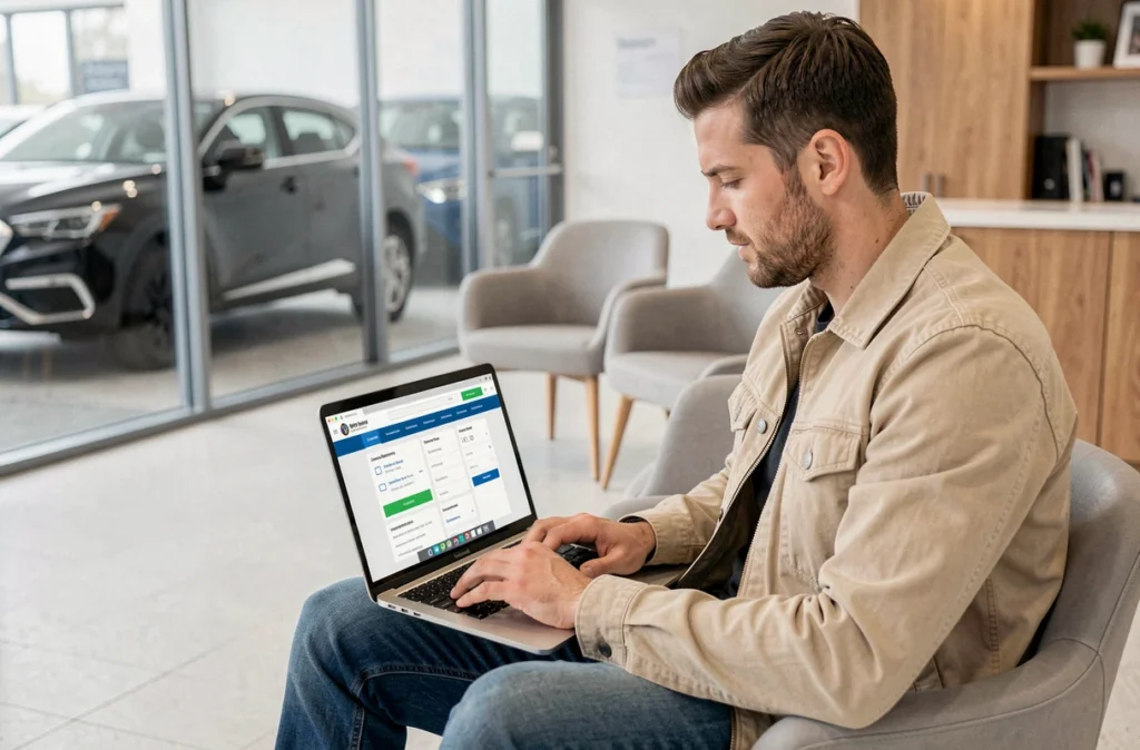 Jeune homme comparant des offres d'assurance voiture sur ordinateur portable chez un concessionnaire