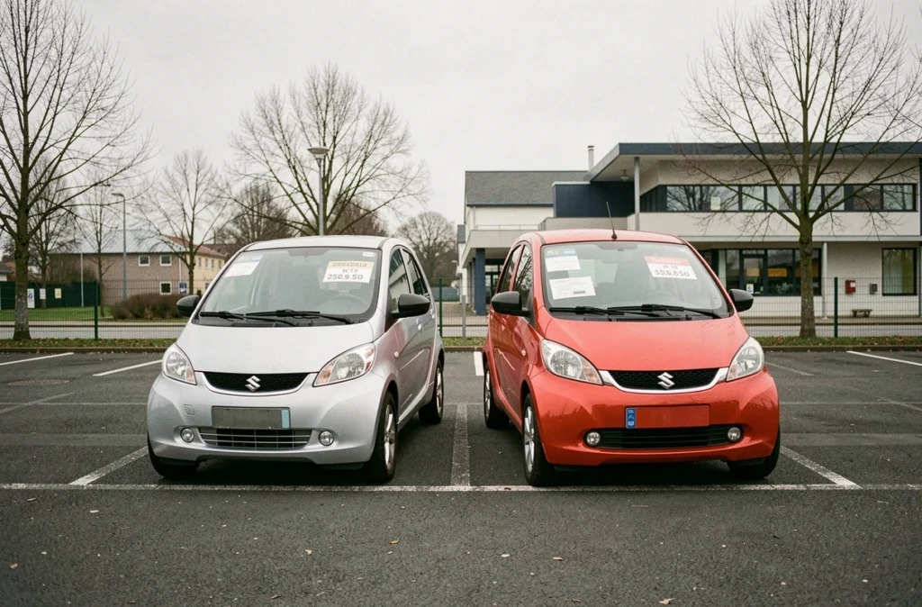 Deux modèles de voitures sans permis côte à côte dans un parking de Besançon pour comparaison